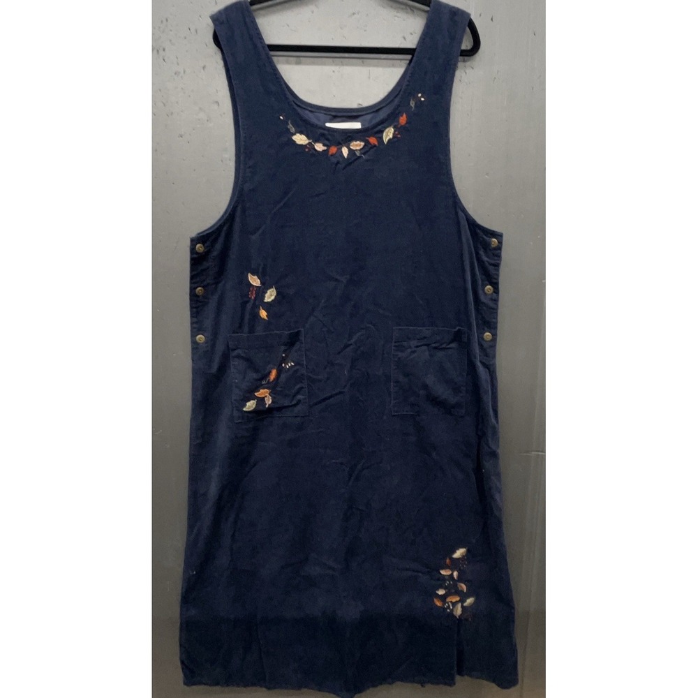 Corduroy Maxi Dress XXL Blue Embroidered Leaves Pockets Fall Autumn Peasant Gran
